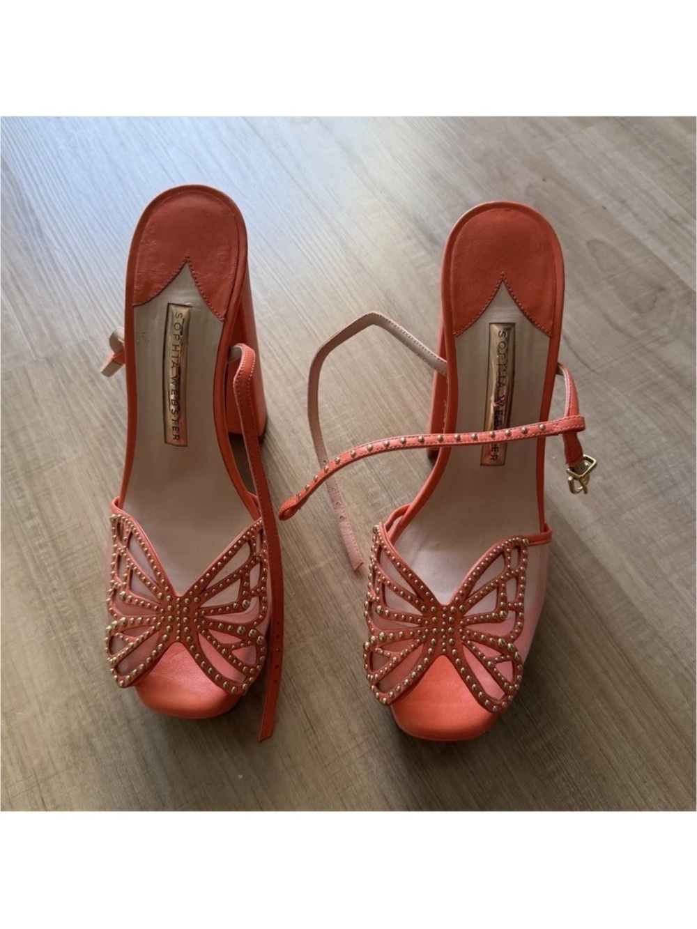 Sophia Webster Coral Butterfly Embellished Slingback Heels 37 new